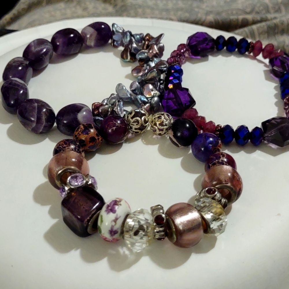 3 PIECE SET IN DIFFERENT SHADES OF PURPLES STRETCH BRACELETS CUSTOM MADE